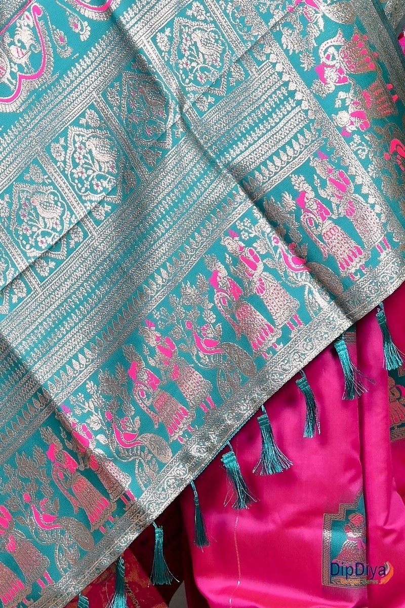 Dark Pink Green Cotton Silk Parza Baluchari Saree (585)